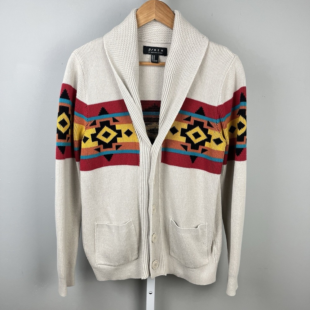 Forever 21 Men Aztec Cardigan Sweater Mens M Button Front Shawl Collar Western - Picture 2 of 6